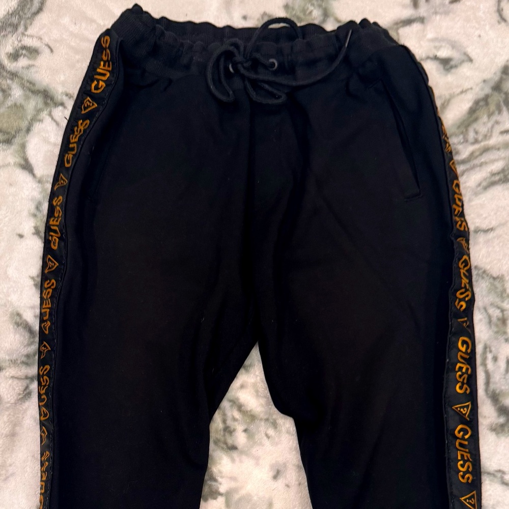 Guess Track Pants Mens Medium Black Gold Spell Out Stretch Taper